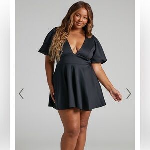 NWT Showpo. Margerie Plunge Puff Sleeve Fit & Flare Black Mini Dress Size 16